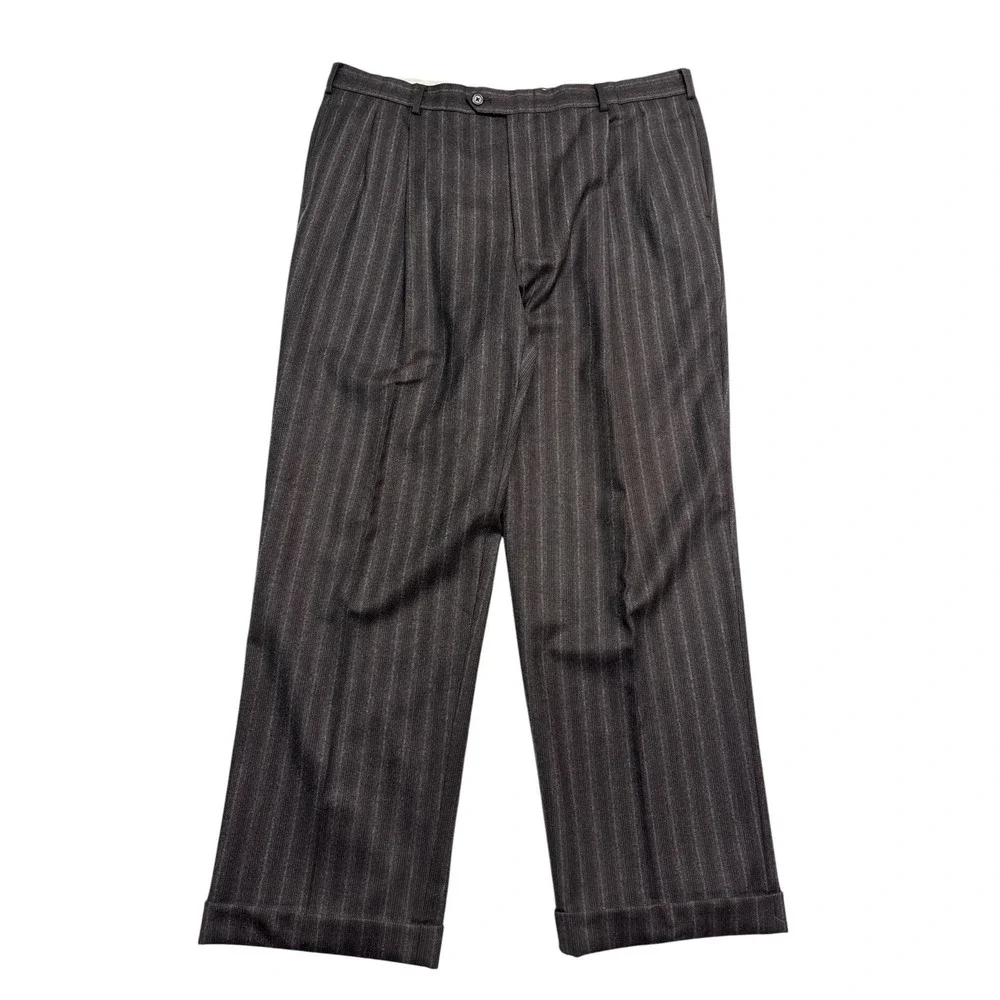 John W Nordstrom 46L 40x32 Brown Stripe Pant Suit Flannel Wool Italian Fabric